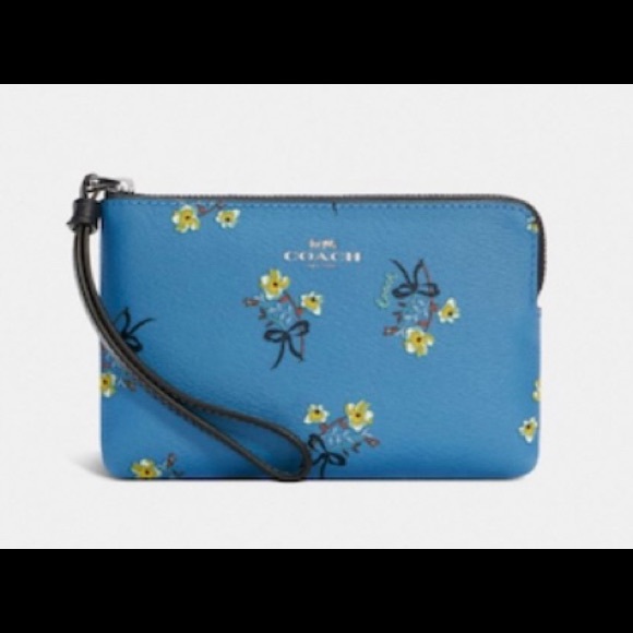 Coach Blue Corner Zip Wristlet With Floral Bow Print Brand New With Tag - Picture 3 of 10